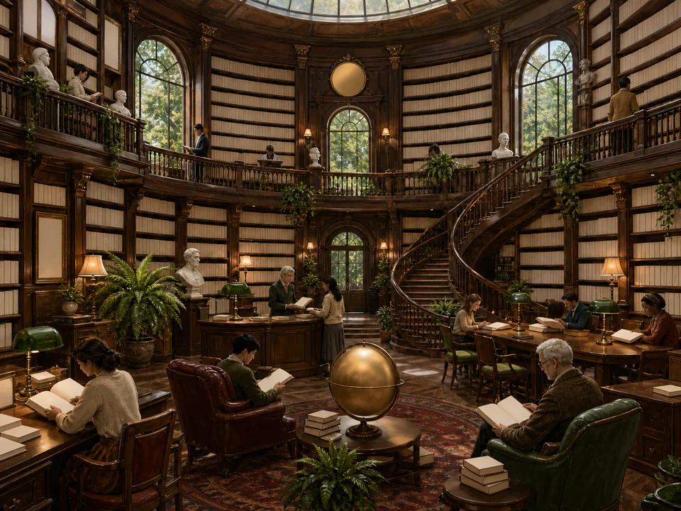 Sunroom Circular Library, an illustrated libraries & interiors jigsaw puzzle scene