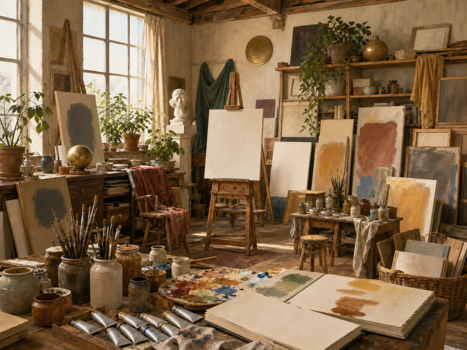 Sunroom Artists Studio, an illustrated libraries & interiors jigsaw puzzle scene