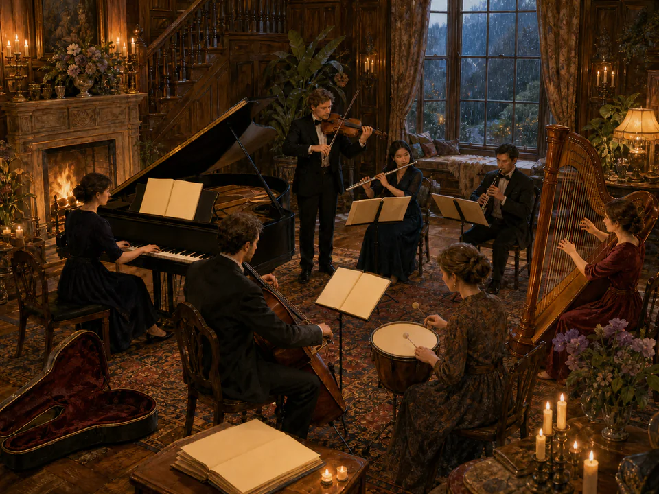 Sunroom Music Room, an illustrated libraries & interiors jigsaw puzzle scene