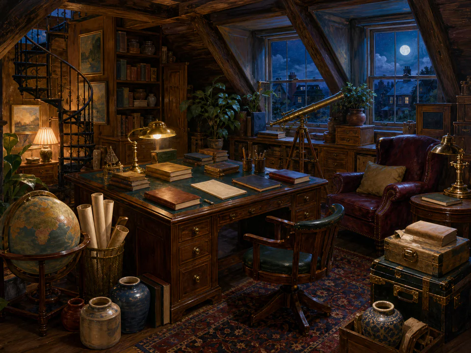 Midnight Attic Study, an illustrated libraries & interiors jigsaw puzzle scene