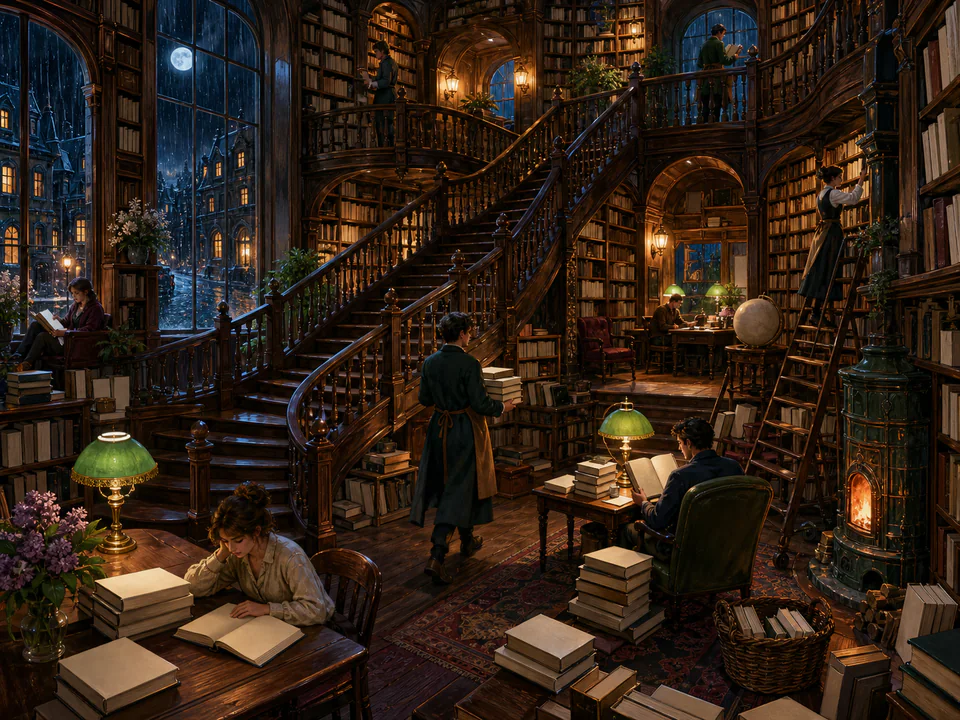 Midnight Bookshop Staircase, an illustrated libraries & interiors jigsaw puzzle scene