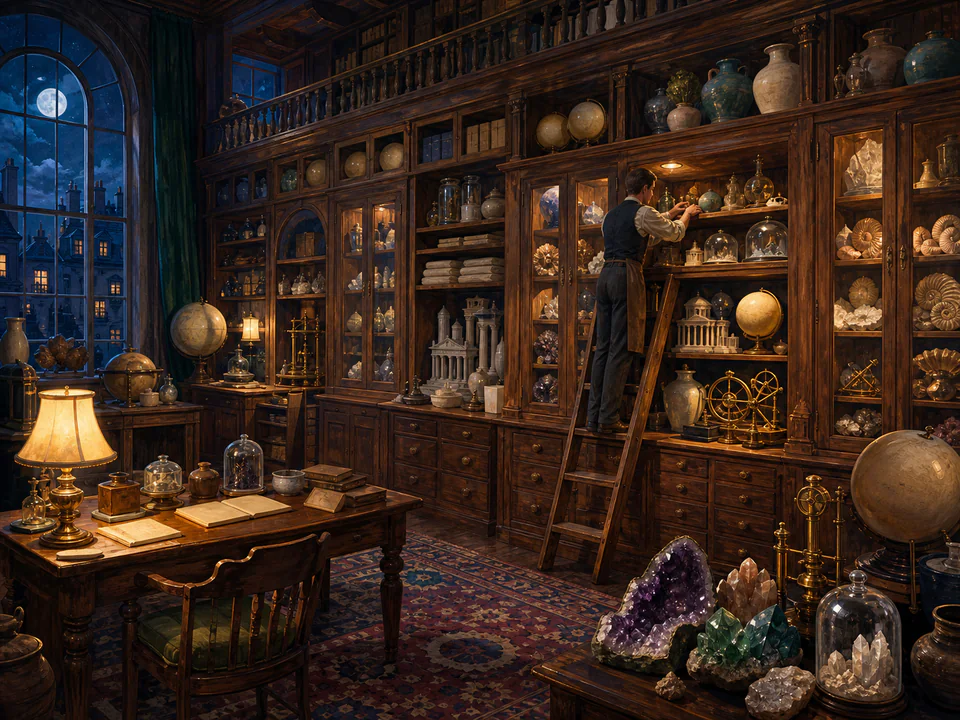 Midnight Collectors Cabinet, an illustrated libraries & interiors jigsaw puzzle scene