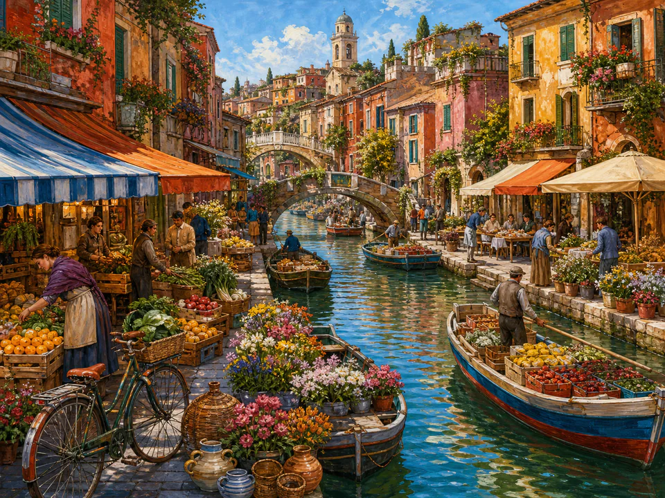 Colourful Canal Market, an illustrated markets & squares jigsaw puzzle scene