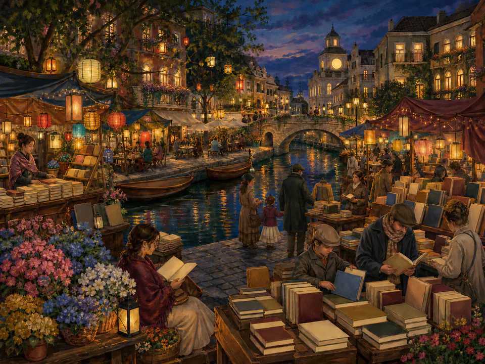 Lantern-Lit Book Fair, an illustrated markets & squares jigsaw puzzle scene