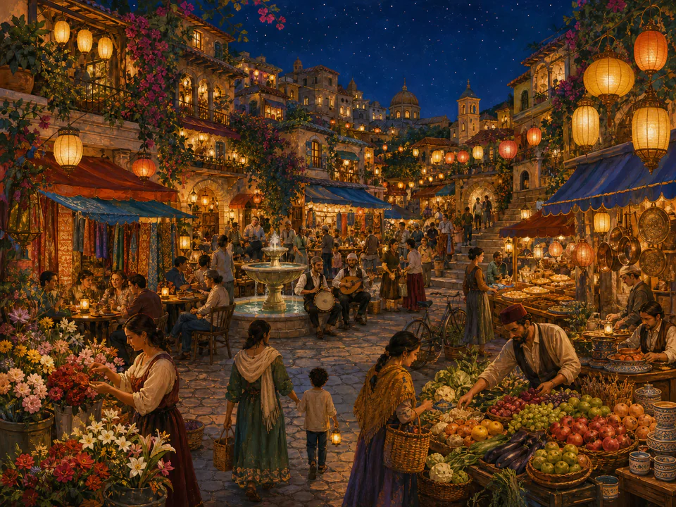 Lantern-Lit Night Market, an illustrated markets & squares jigsaw puzzle scene