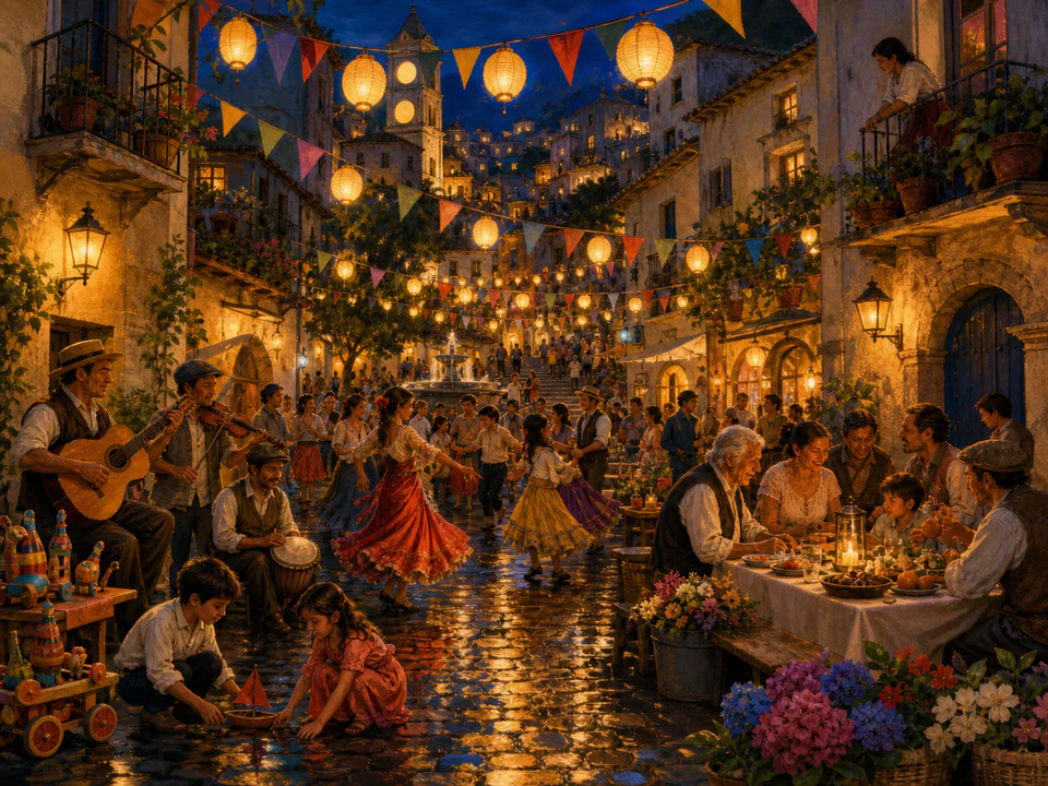 Lantern-Lit Festival Street, an illustrated markets & squares jigsaw puzzle scene