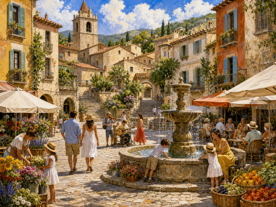 Sunday Village Square, an illustrated markets & squares jigsaw puzzle scene