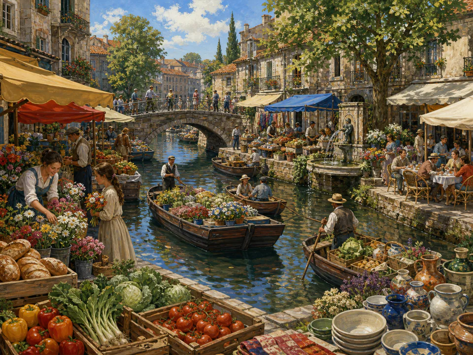 Sunday Canal Market, an illustrated markets & squares jigsaw puzzle scene