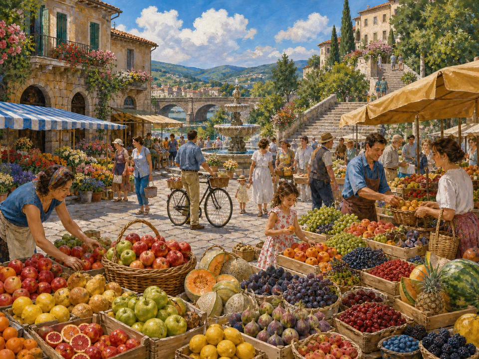 Sunday Fruit Stalls, an illustrated markets & squares jigsaw puzzle scene
