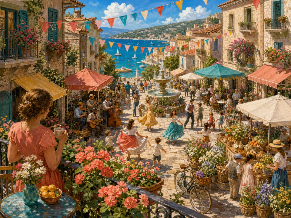 Sunday Festival Street, an illustrated markets & squares jigsaw puzzle scene