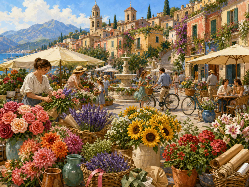 Sunwashed Flower Market, an illustrated markets & squares jigsaw puzzle scene