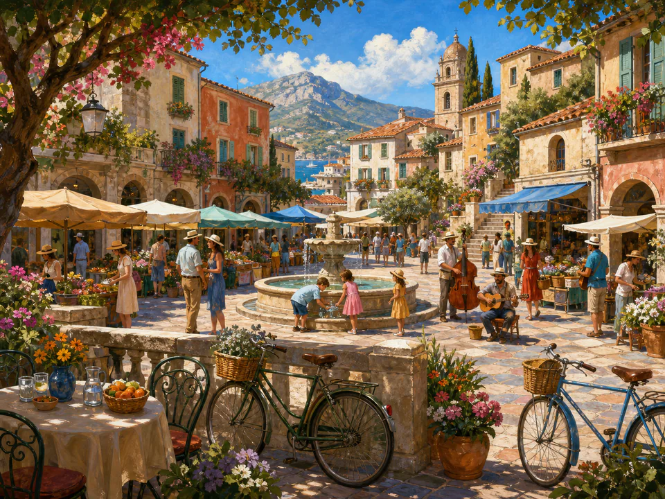 Sunwashed Village Square, an illustrated markets & squares jigsaw puzzle scene