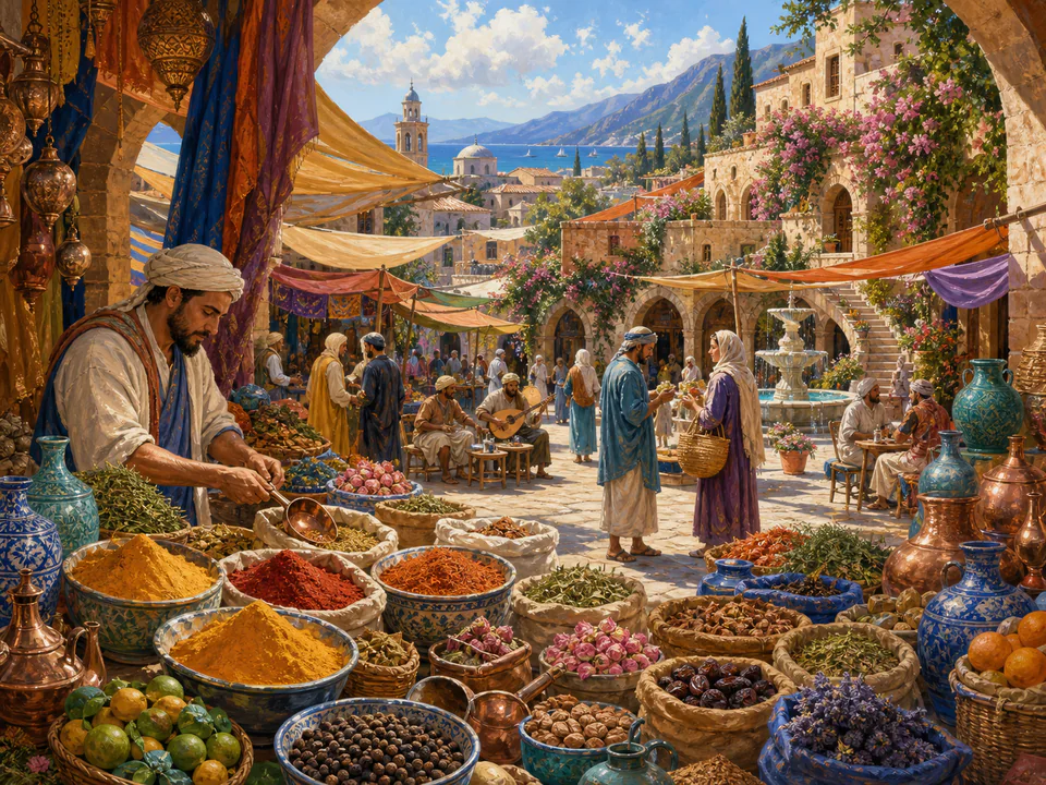 Sunwashed Spice Bazaar, an illustrated markets & squares jigsaw puzzle scene