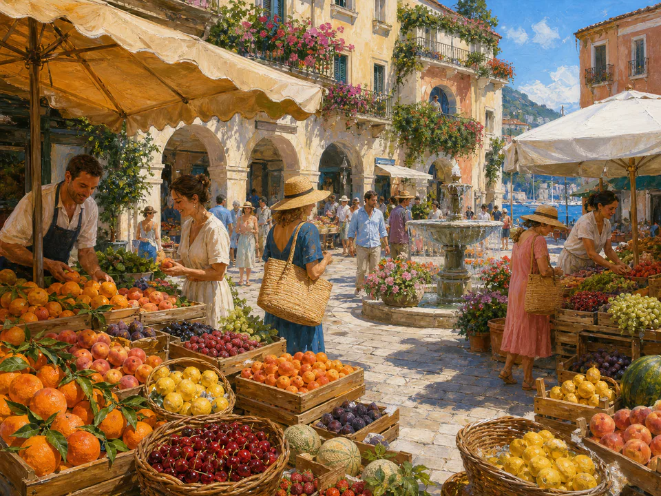 Sunwashed Fruit Stalls, an illustrated markets & squares jigsaw puzzle scene