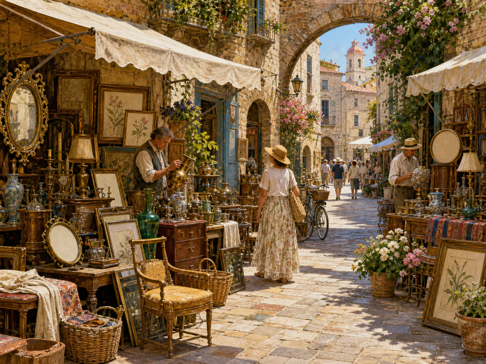 Sunwashed Antique Lane, an illustrated markets & squares jigsaw puzzle scene