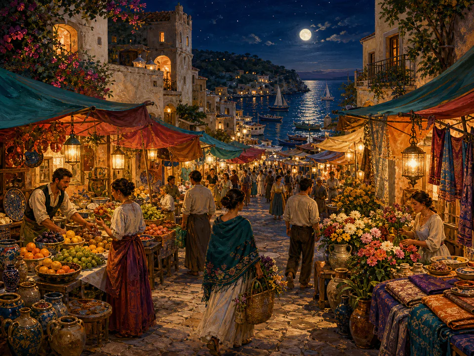Sunwashed Night Market, an illustrated markets & squares jigsaw puzzle scene