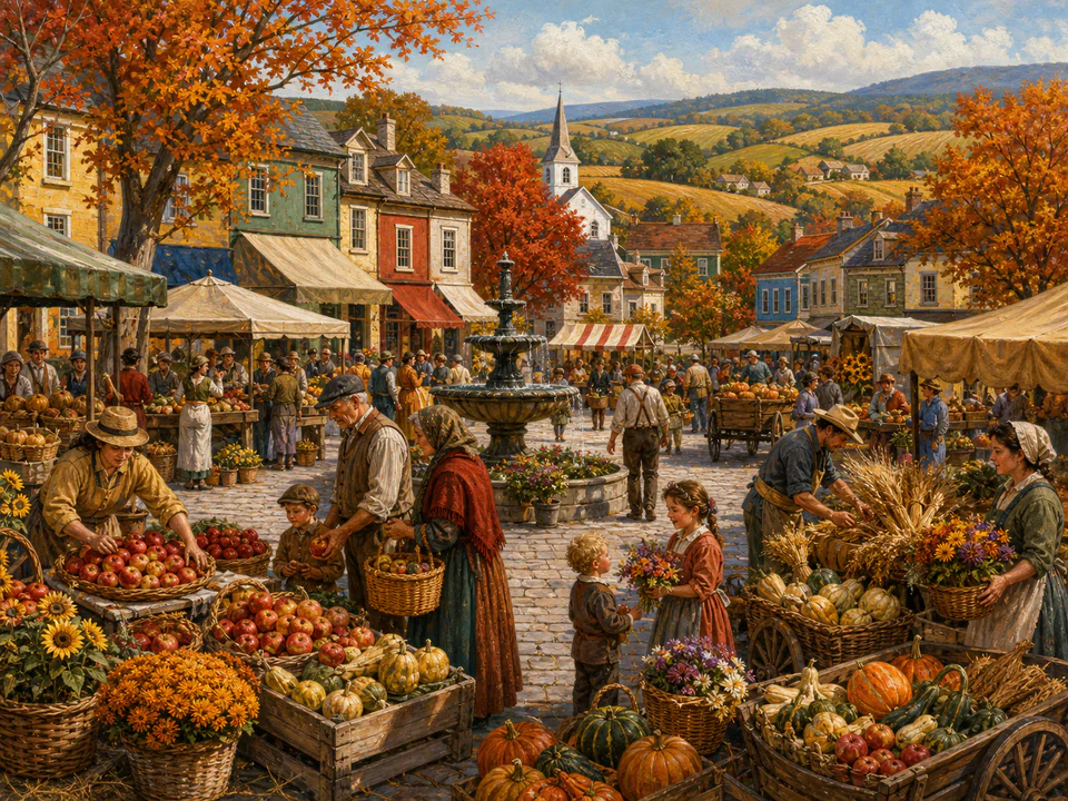 Harvest Village Square, an illustrated markets & squares jigsaw puzzle scene