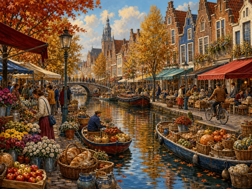 Harvest Canal Market, an illustrated markets & squares jigsaw puzzle scene