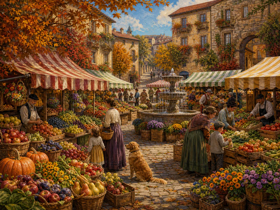 Harvest Fruit Stalls, an illustrated markets & squares jigsaw puzzle scene