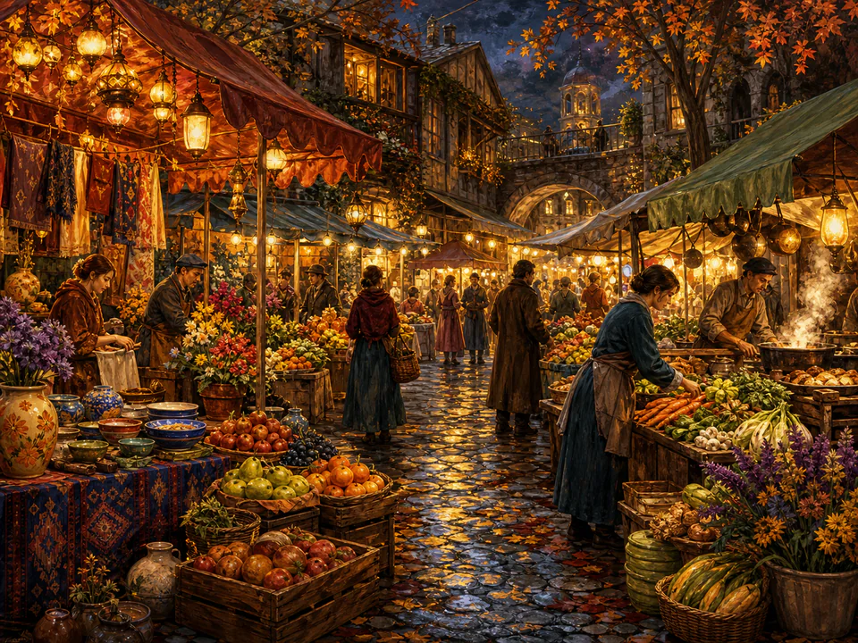 Harvest Night Market, an illustrated markets & squares jigsaw puzzle scene