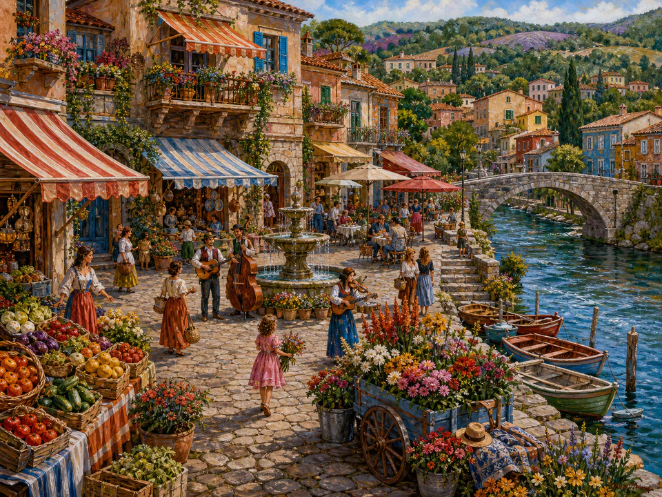 Riverside Village Square, an illustrated markets & squares jigsaw puzzle scene