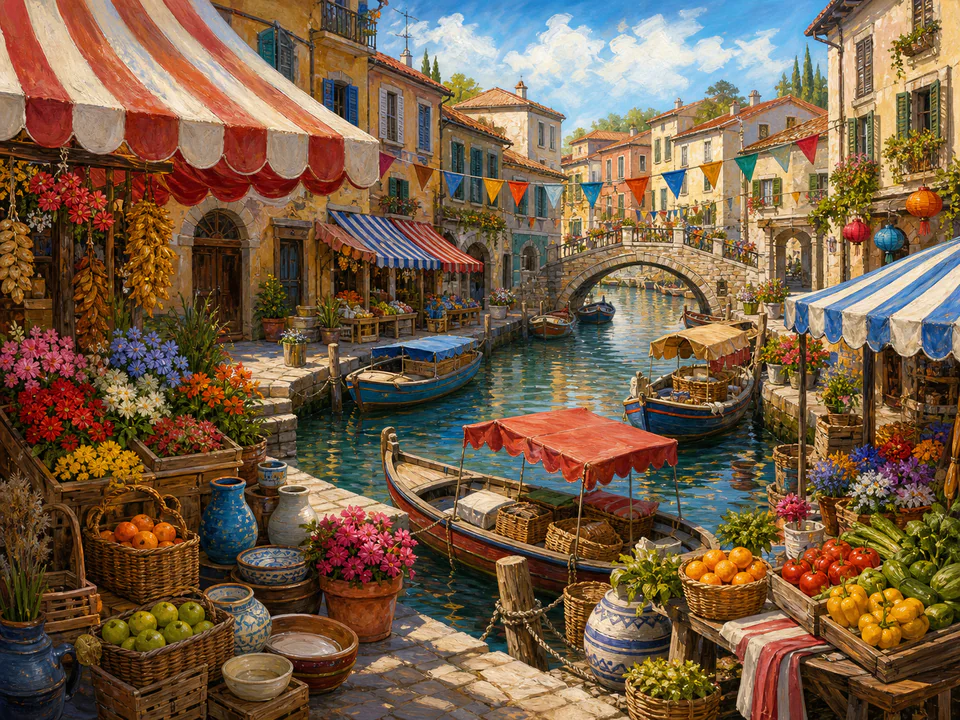 Festive Canal Market, an illustrated markets & squares jigsaw puzzle scene