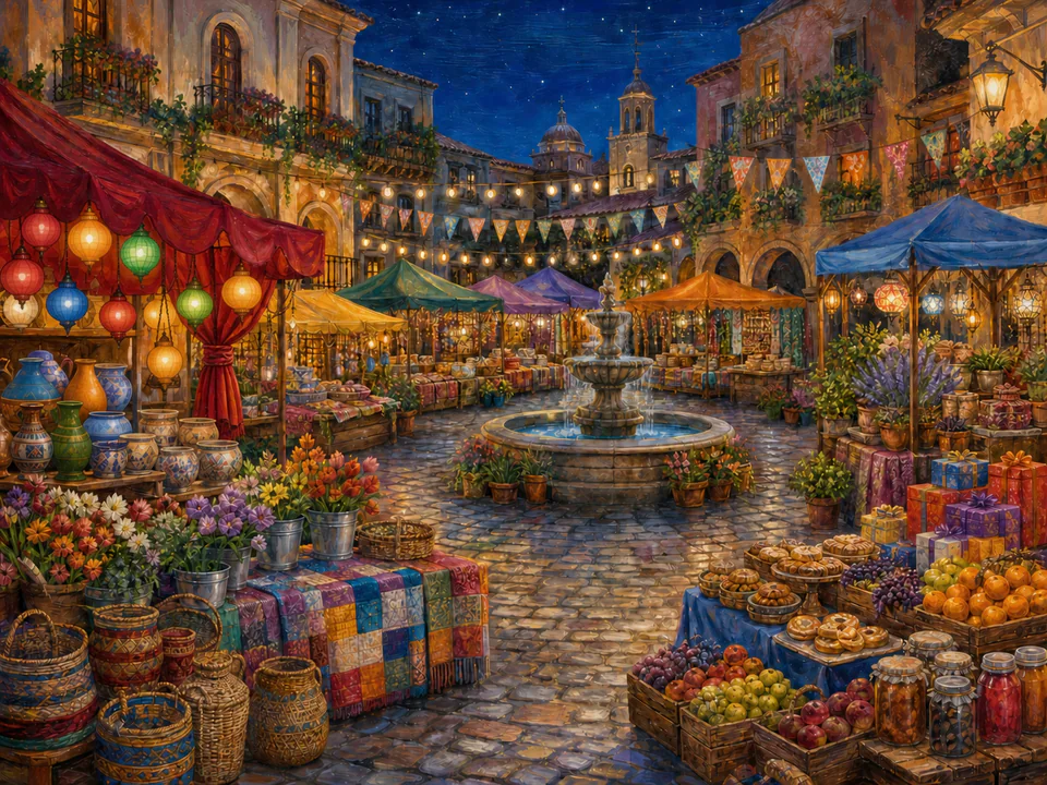 Festive Night Market, an illustrated markets & squares jigsaw puzzle scene