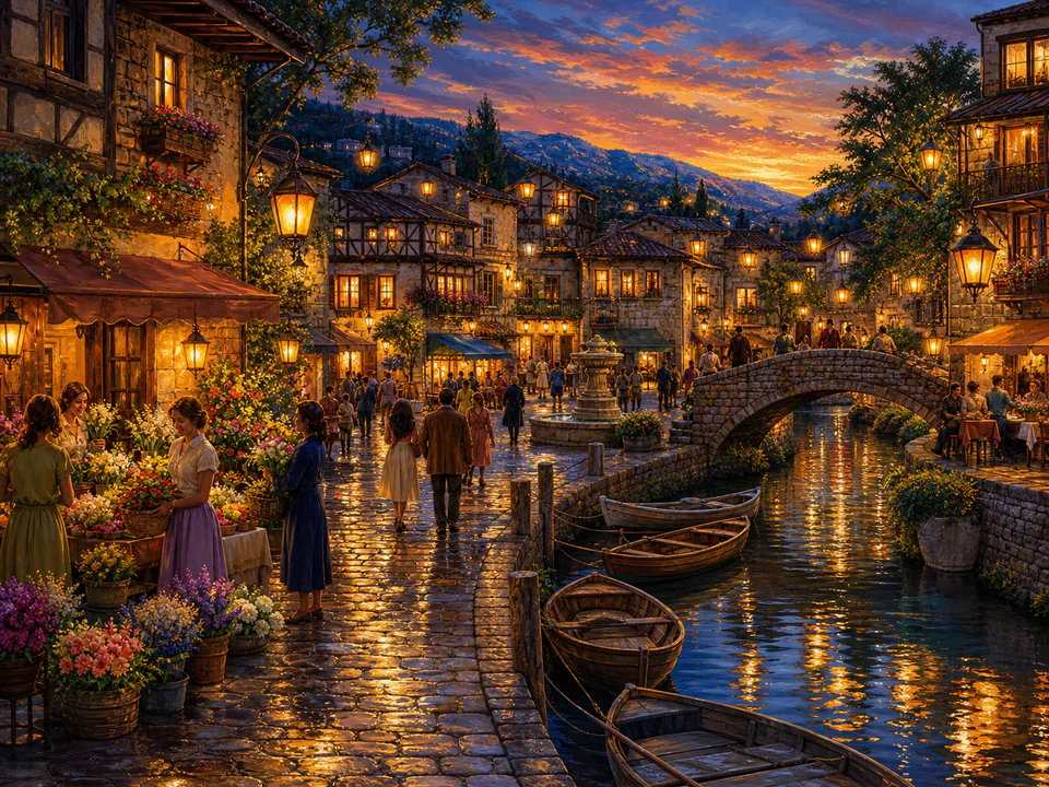 Coastal Village Square, an illustrated markets & squares jigsaw puzzle scene