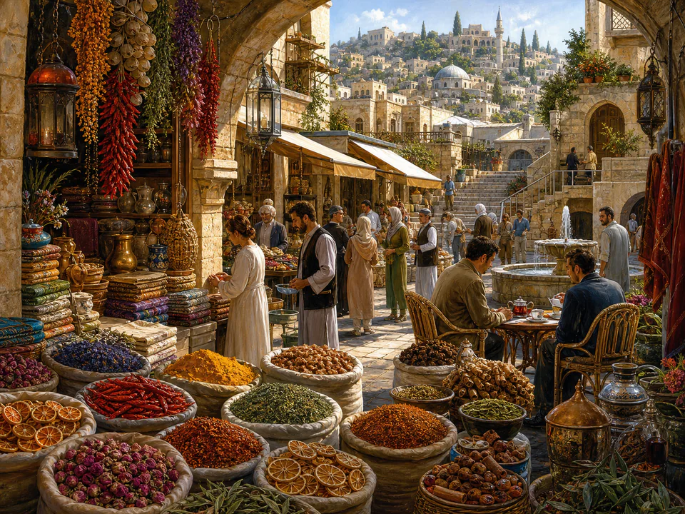 Coastal Spice Bazaar, an illustrated markets & squares jigsaw puzzle scene