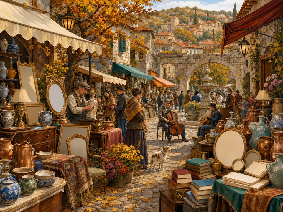 Coastal Antique Lane, an illustrated markets & squares jigsaw puzzle scene