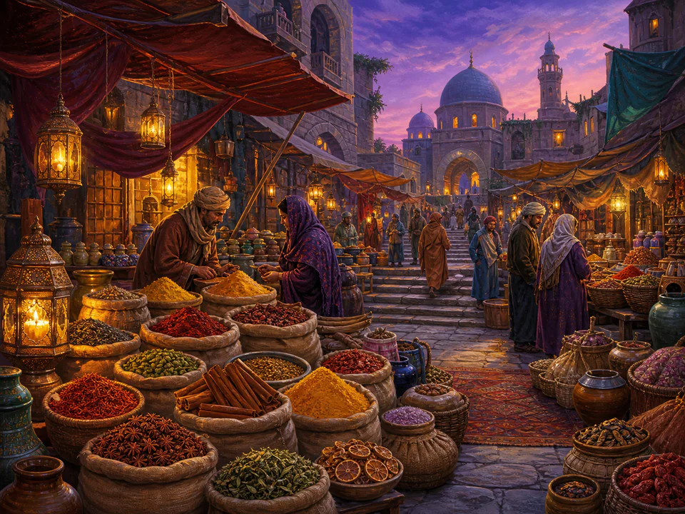 Twilight Spice Bazaar, an illustrated markets & squares jigsaw puzzle scene