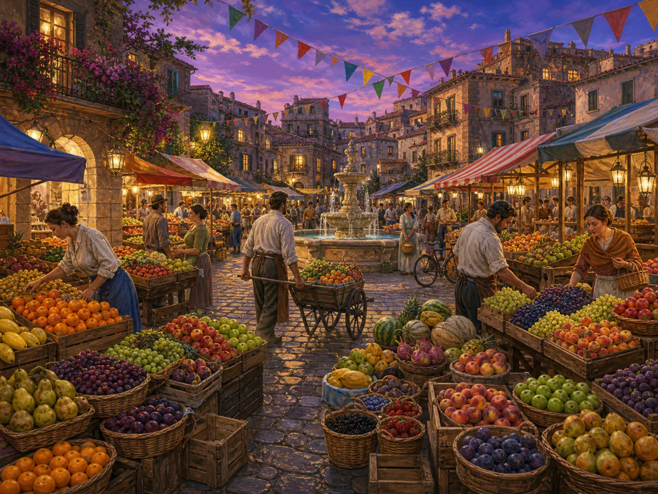 Twilight Fruit Stalls, an illustrated markets & squares jigsaw puzzle scene