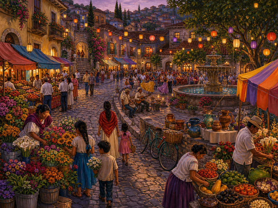 Twilight Festival Street, an illustrated markets & squares jigsaw puzzle scene