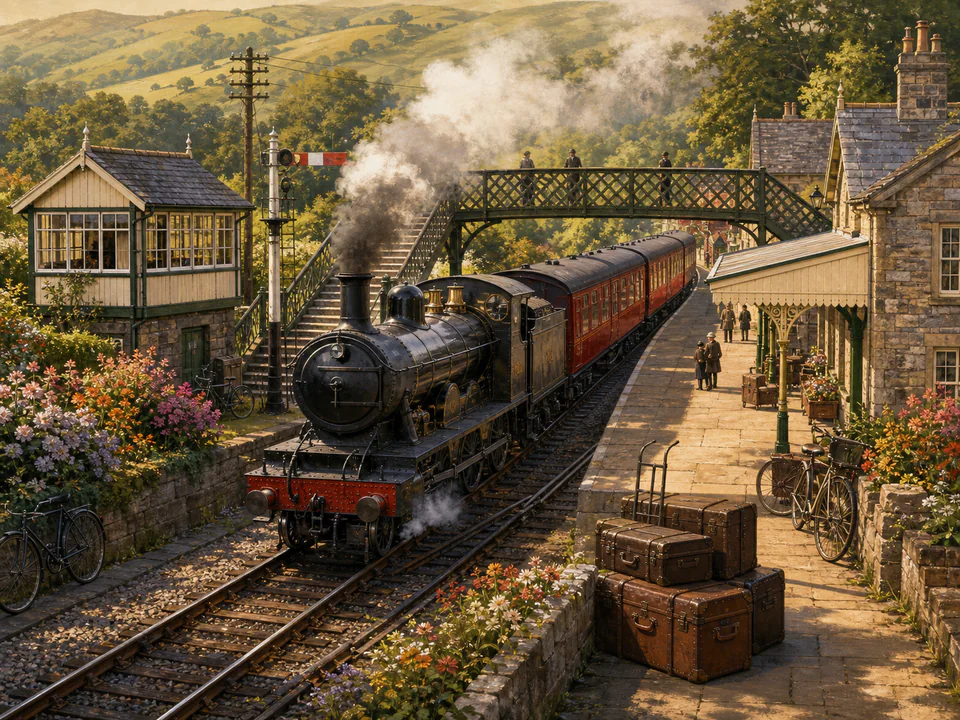 Steam Railway Station, an illustrated nostalgic transport jigsaw puzzle scene