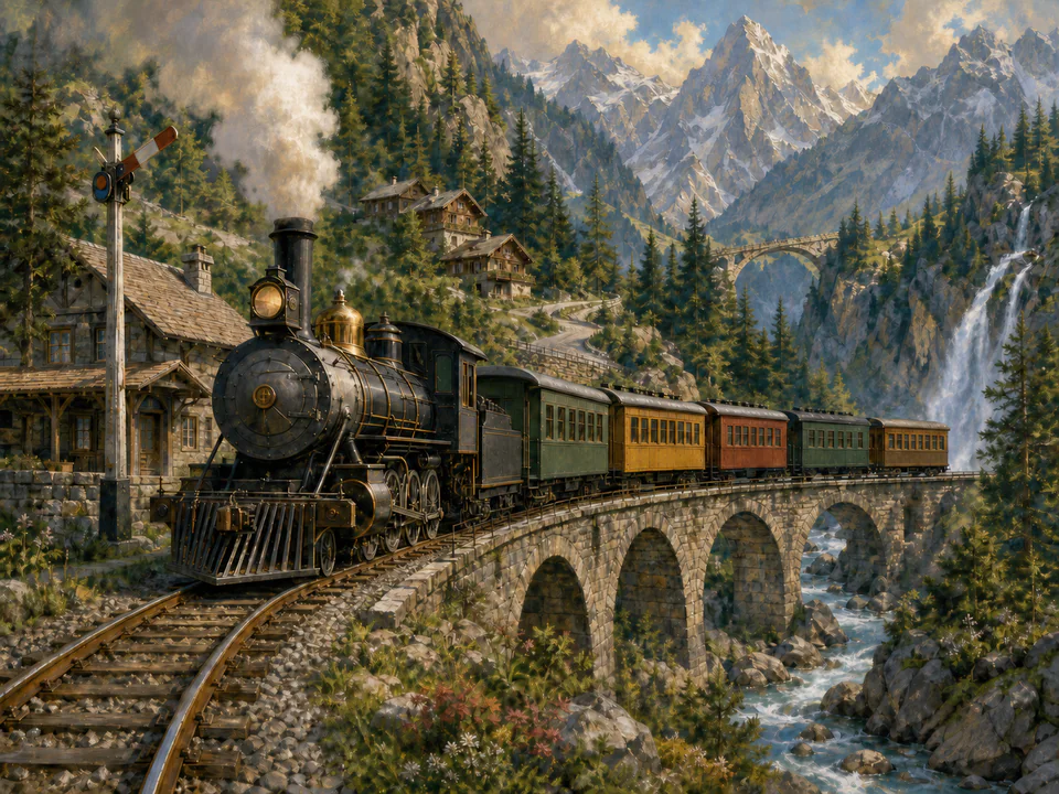 Steam Mountain Train, an illustrated nostalgic transport jigsaw puzzle scene