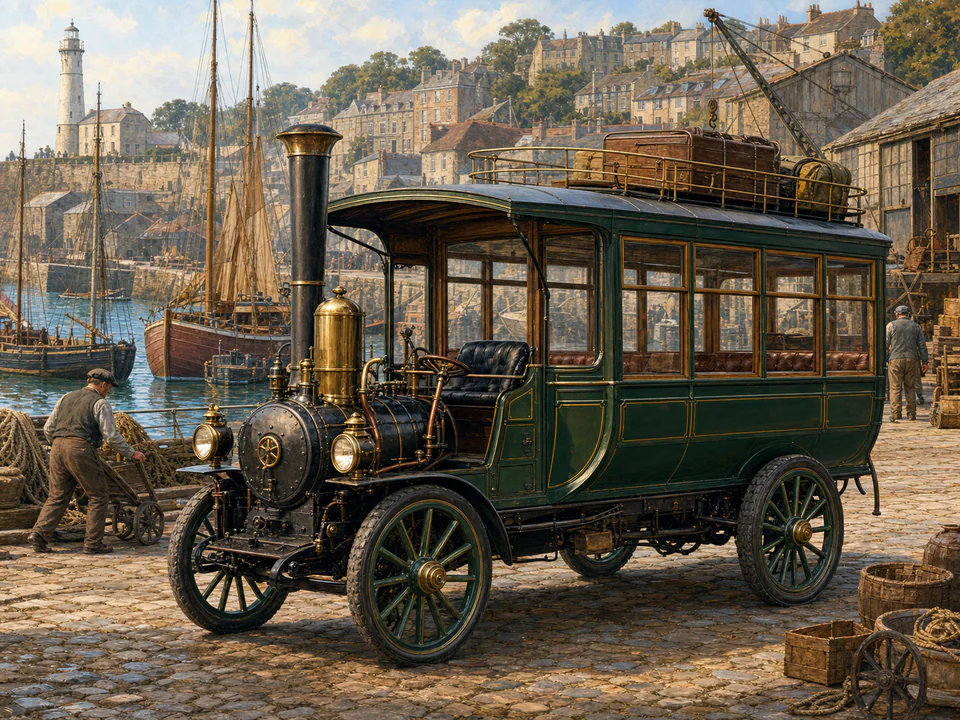 Steam Harbor Bus, an illustrated nostalgic transport jigsaw puzzle scene