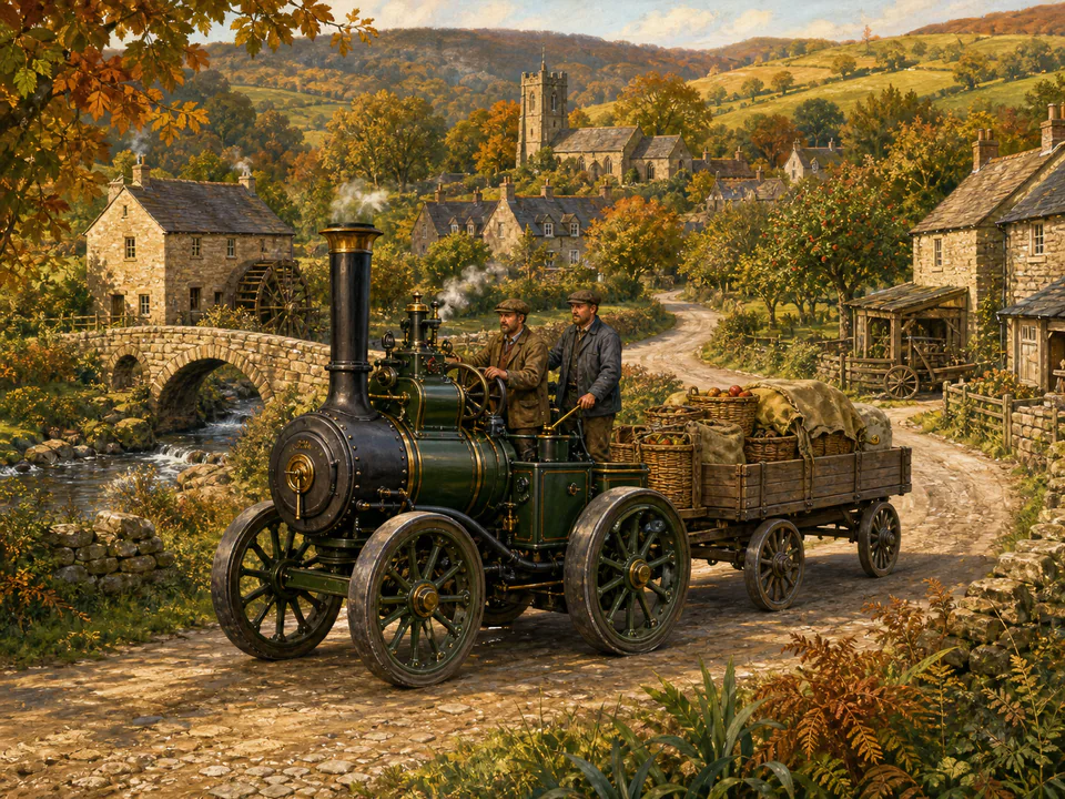 Steam Country Road, an illustrated nostalgic transport jigsaw puzzle scene