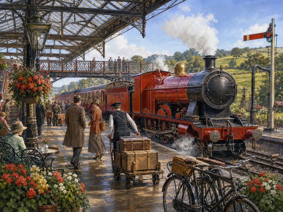 Scarlet Railway Station, an illustrated nostalgic transport jigsaw puzzle scene