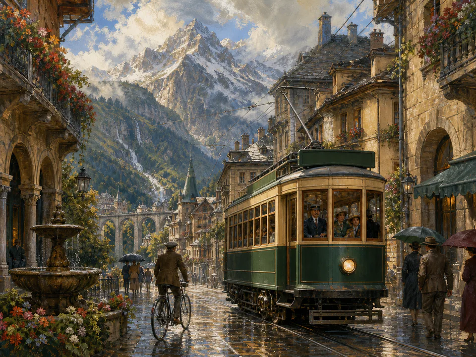 Mountain City Tram, an illustrated nostalgic transport jigsaw puzzle scene
