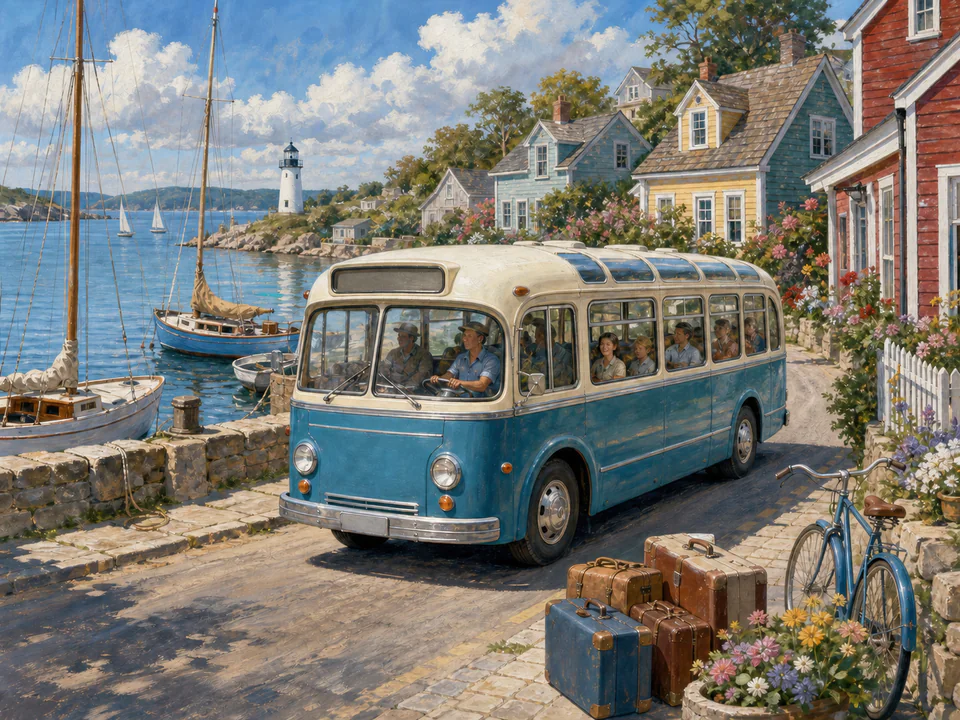Coastal Harbor Bus, an illustrated nostalgic transport jigsaw puzzle scene
