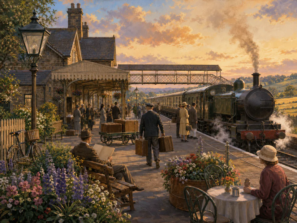Vintage Railway Station, an illustrated nostalgic transport jigsaw puzzle scene