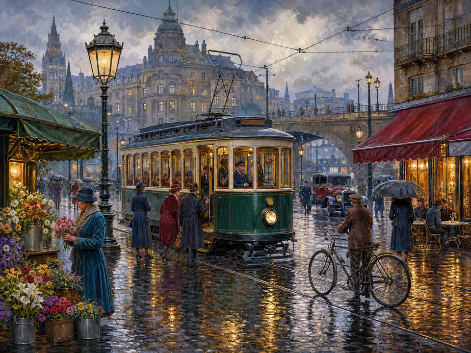 Rainy City Tram, an illustrated nostalgic transport jigsaw puzzle scene