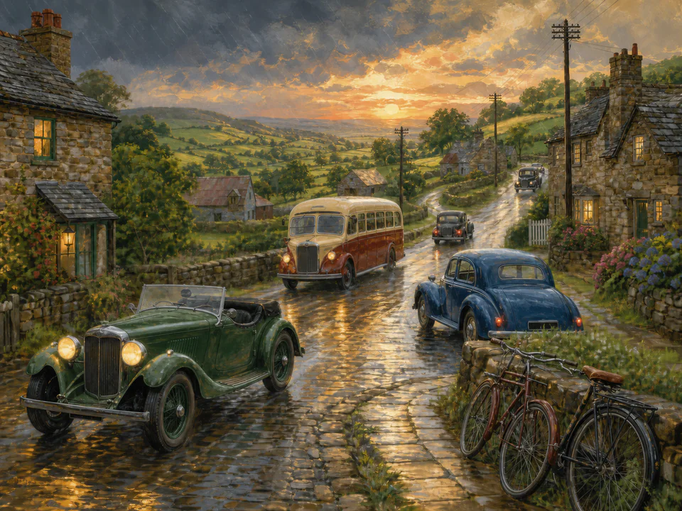 Rainy Country Road, an illustrated nostalgic transport jigsaw puzzle scene
