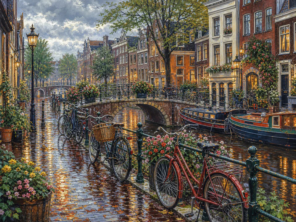 Rainy Canal Bicycles, an illustrated nostalgic transport jigsaw puzzle scene