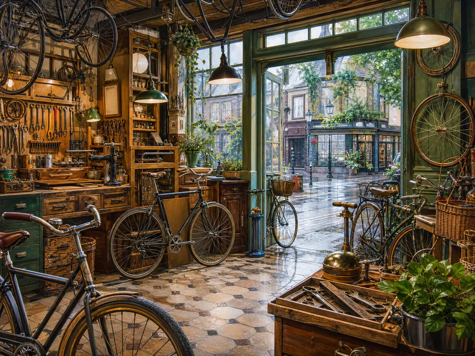 Express Bicycle Shop, an illustrated nostalgic transport jigsaw puzzle scene