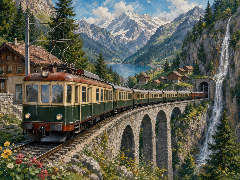 Express Mountain Train, an illustrated nostalgic transport jigsaw puzzle scene
