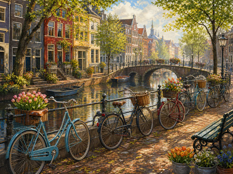 Express Canal Bicycles, an illustrated nostalgic transport jigsaw puzzle scene