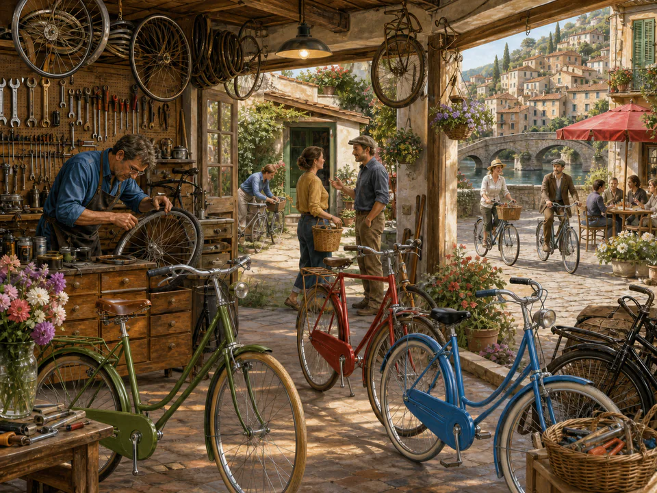 Sunday Bicycle Shop, an illustrated nostalgic transport jigsaw puzzle scene