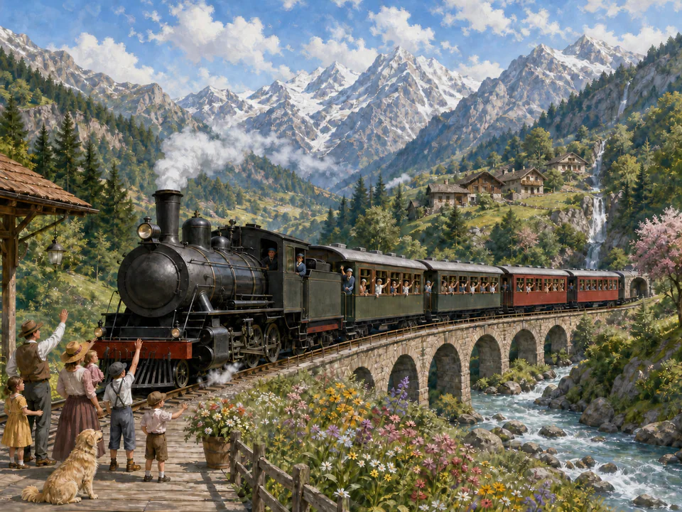 Sunday Mountain Train, an illustrated nostalgic transport jigsaw puzzle scene