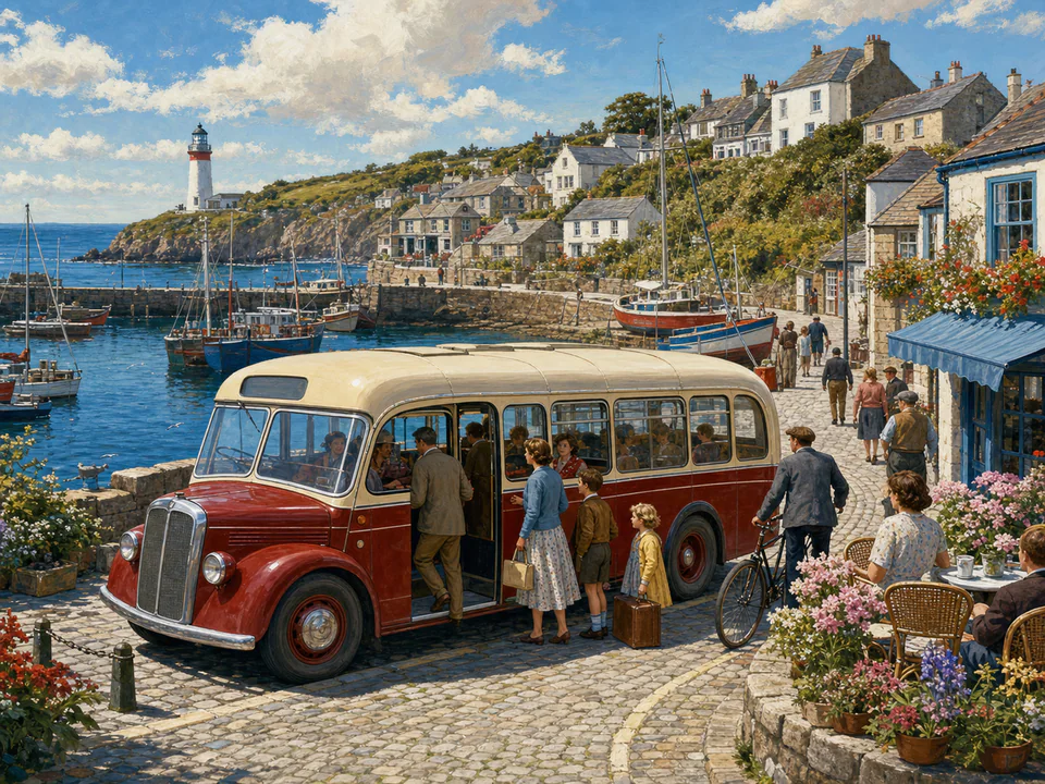 Sunday Harbor Bus, an illustrated nostalgic transport jigsaw puzzle scene